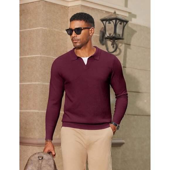 Men's Knit Polo Long Sleeve V-Neck Pullover Sweaters Collared Knitted Wine Red - Picture 4 of 6